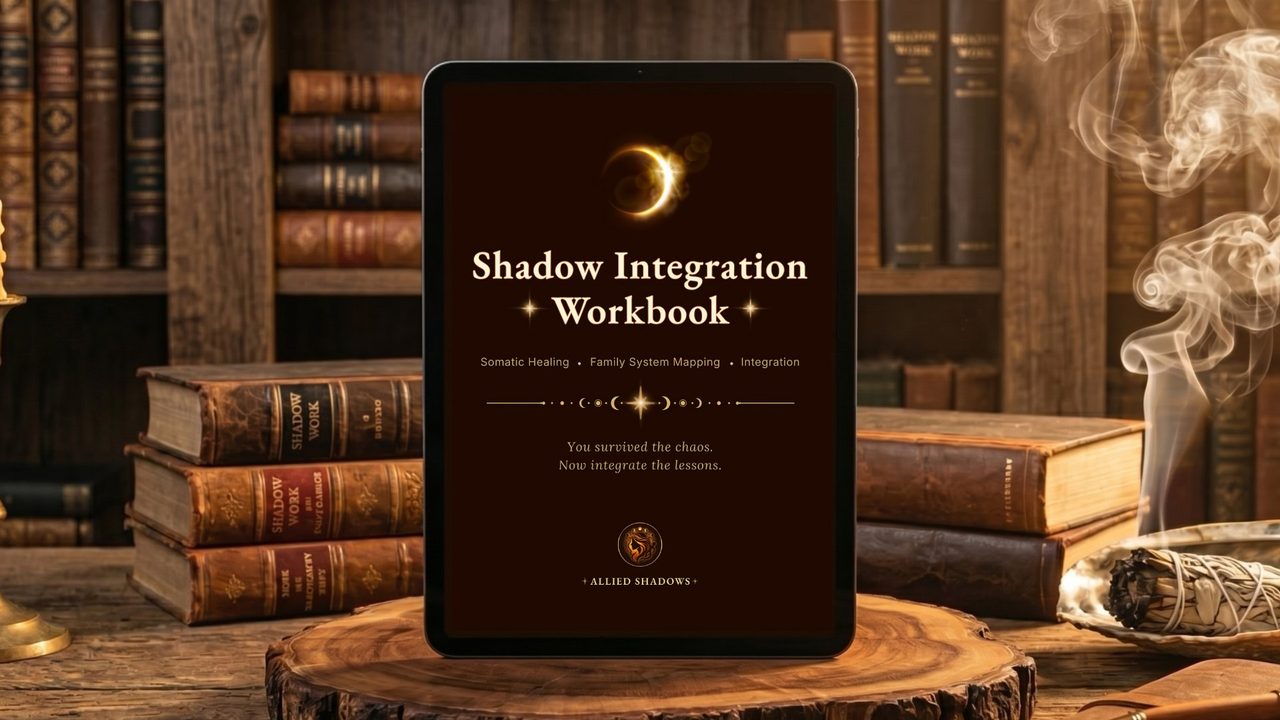 The Shadow Integration Workbook — cover displayed on a tablet in a candlelit study with old books and sage